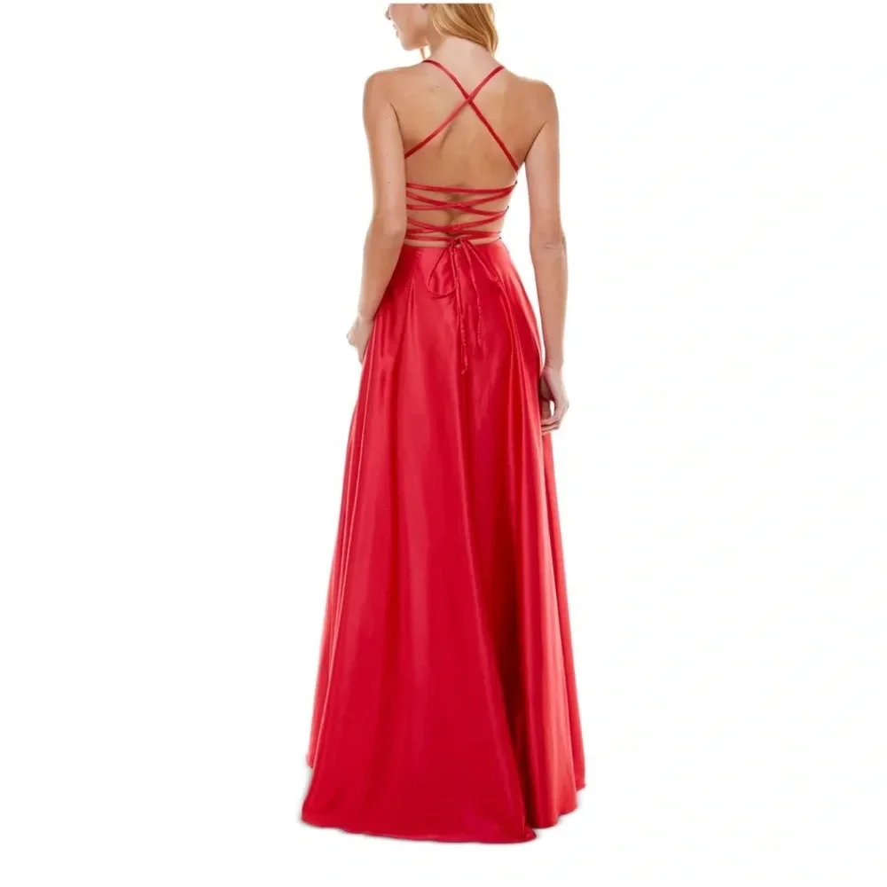 B DARLIN Red Slitted Lace-up Satin Gown Formal Dress - Picture 2 of 2